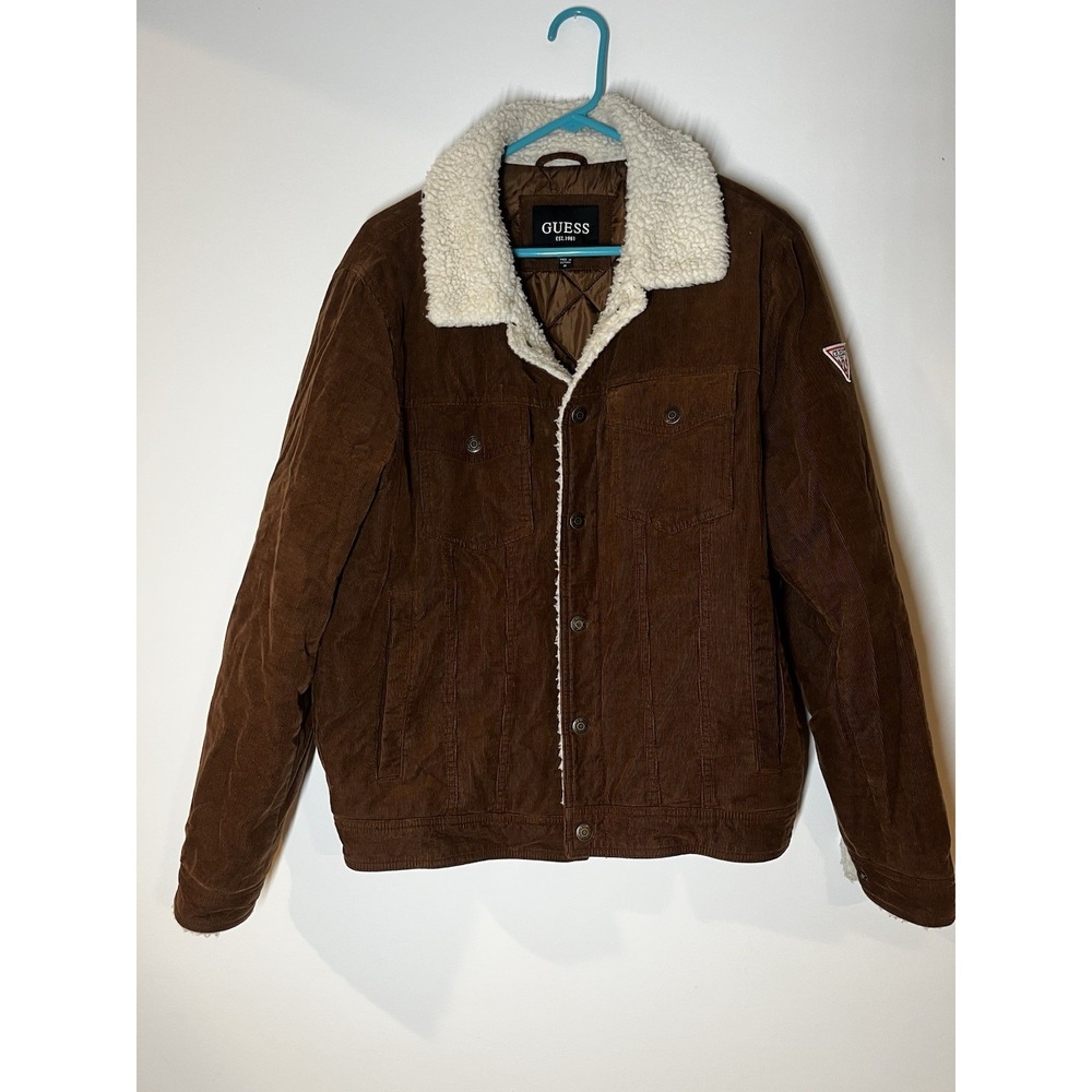 GUESS Brown Corduroy Bomber Jacket Quilt Lined Sherpa Collar Snap Up Men's Sz M